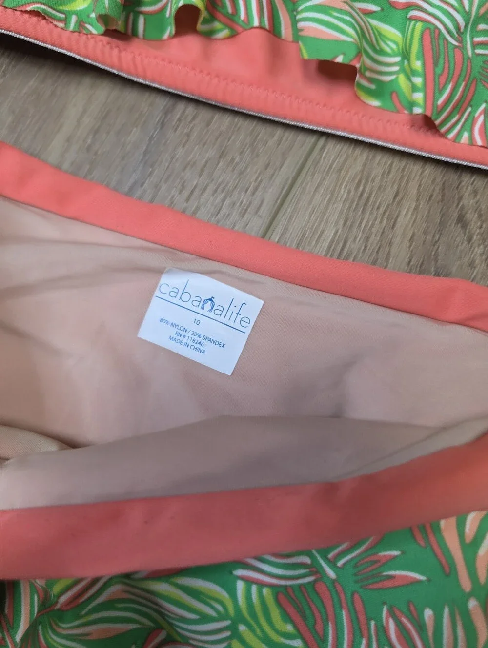 Cabana Life Coral Trim Green Pink Tropical Print Swim Top, Bottoms, Rashguard